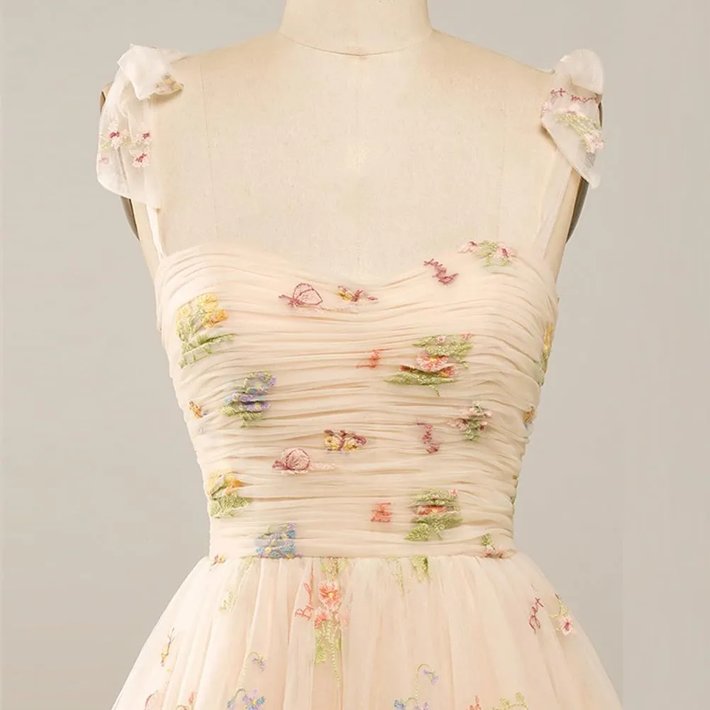 Women's Tie Strap Tulle Prom Dresses Sweetheart Flower Embroidery Dress Short Formal Party Mini Homecoming Dresses