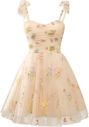 Women's Tie Strap Tulle Prom Dresses Sweetheart Flower Embroidery Dress Short Formal Party Mini Homecoming Dresses
