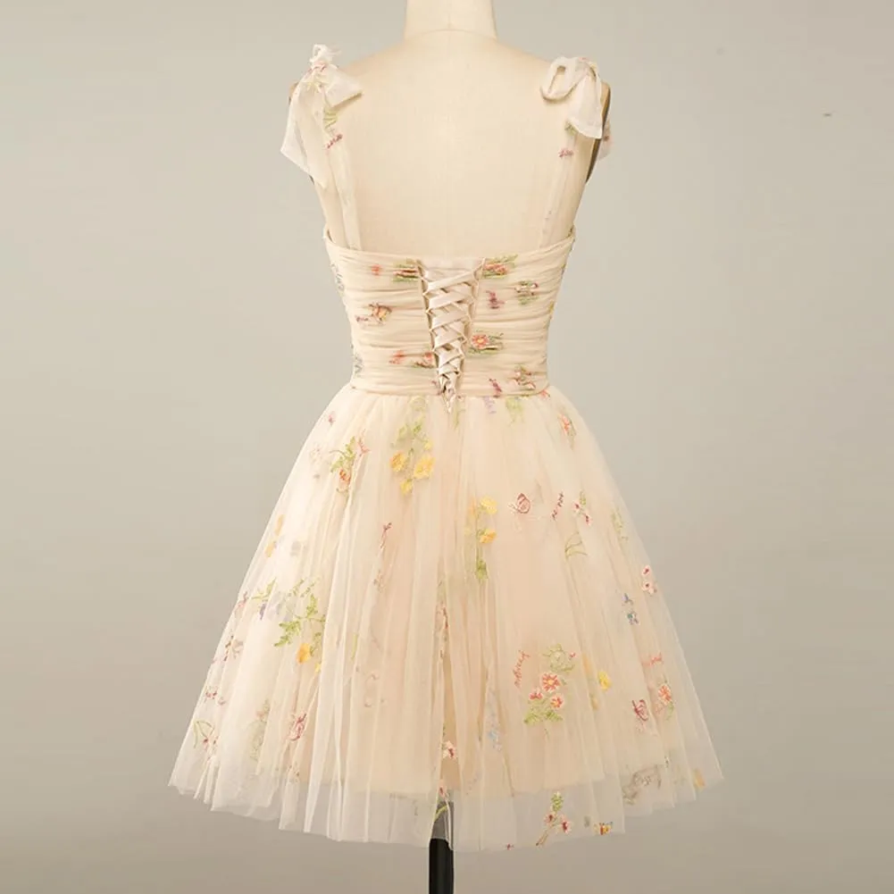 Women's Tie Strap Tulle Prom Dresses Sweetheart Flower Embroidery Dress Short Formal Party Mini Homecoming Dresses