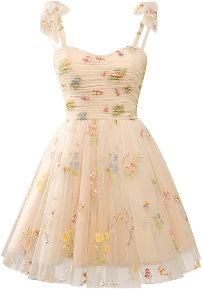 Women's Tie Strap Tulle Prom Dresses Sweetheart Flower Embroidery Dress Short Formal Party Mini Homecoming Dresses