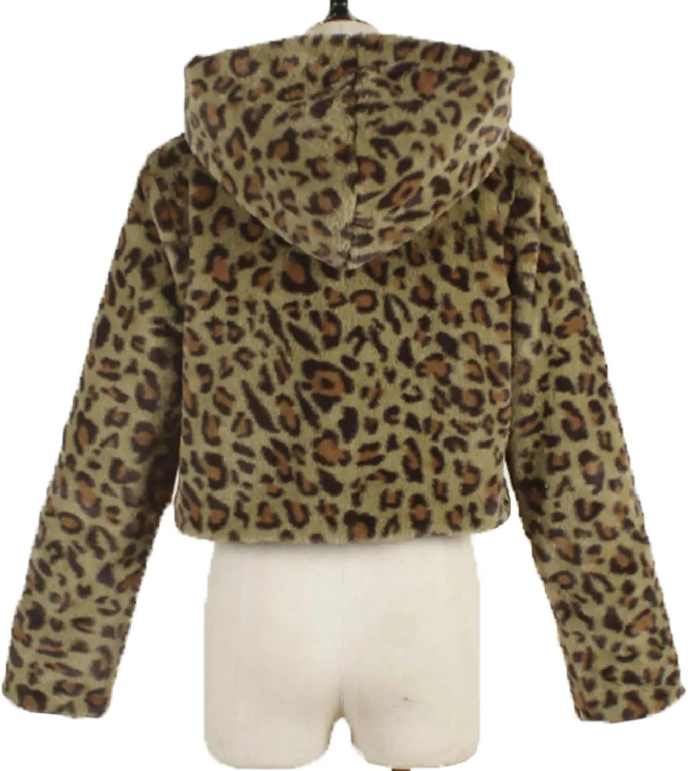 Womens Trendy Leopard Coats Warm Faux Furry Hooded Coat with Zipper Winter Jackets Short Cropped Cardigan Outerwear