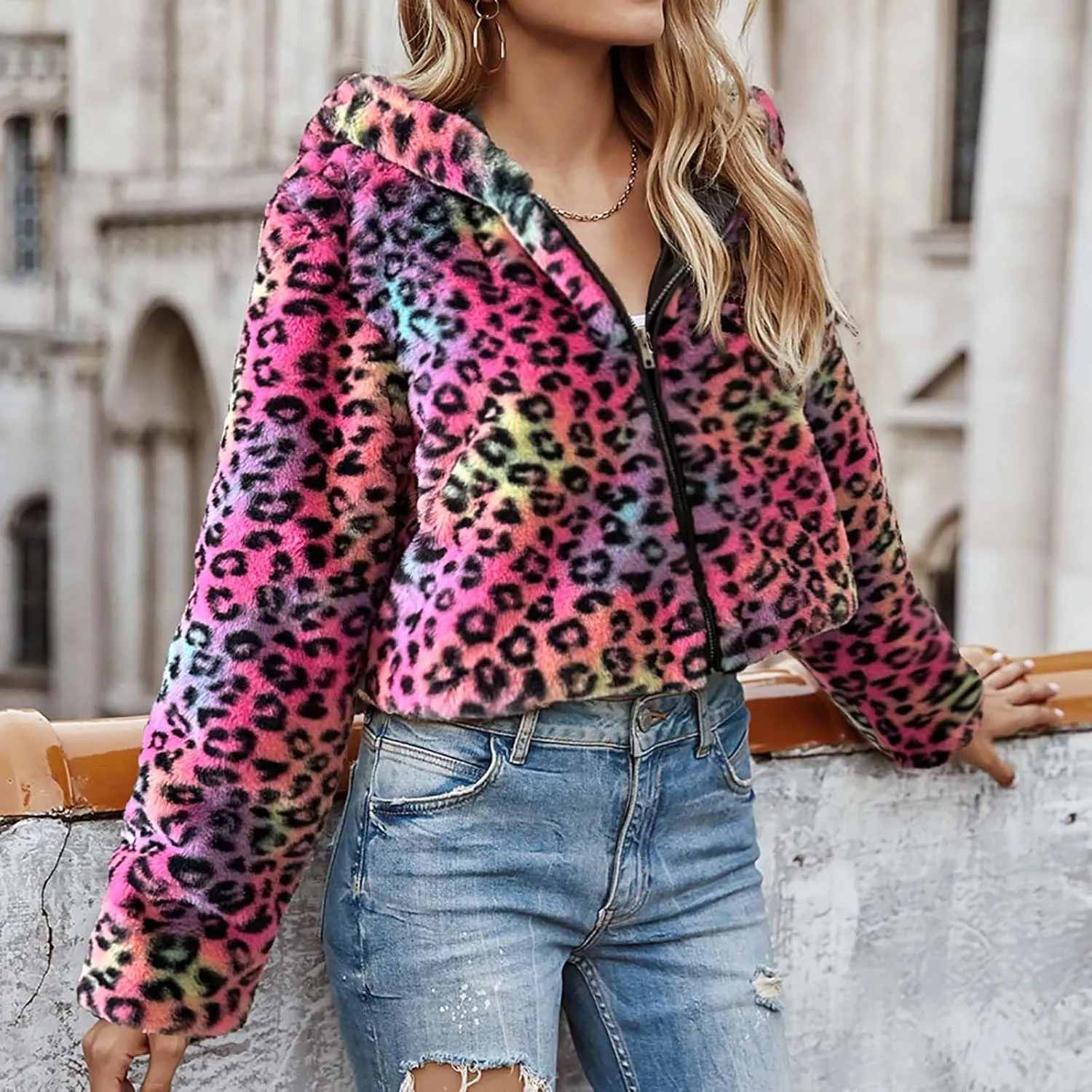 Womens Trendy Leopard Coats Warm Faux Furry Hooded Coat with Zipper Winter Jackets Short Cropped Cardigan Outerwear