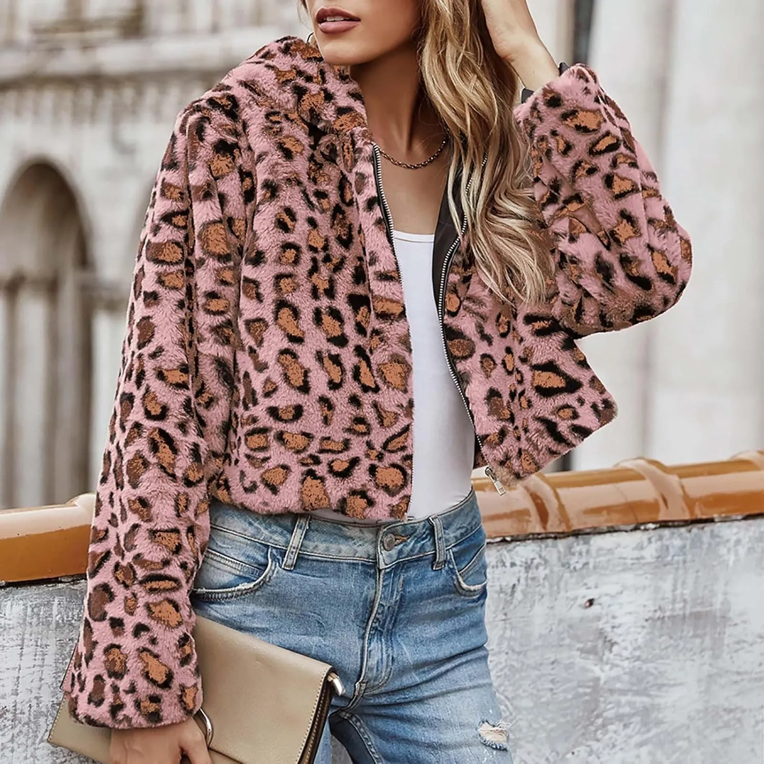 Womens Trendy Leopard Coats Warm Faux Furry Hooded Coat with Zipper Winter Jackets Short Cropped Cardigan Outerwear