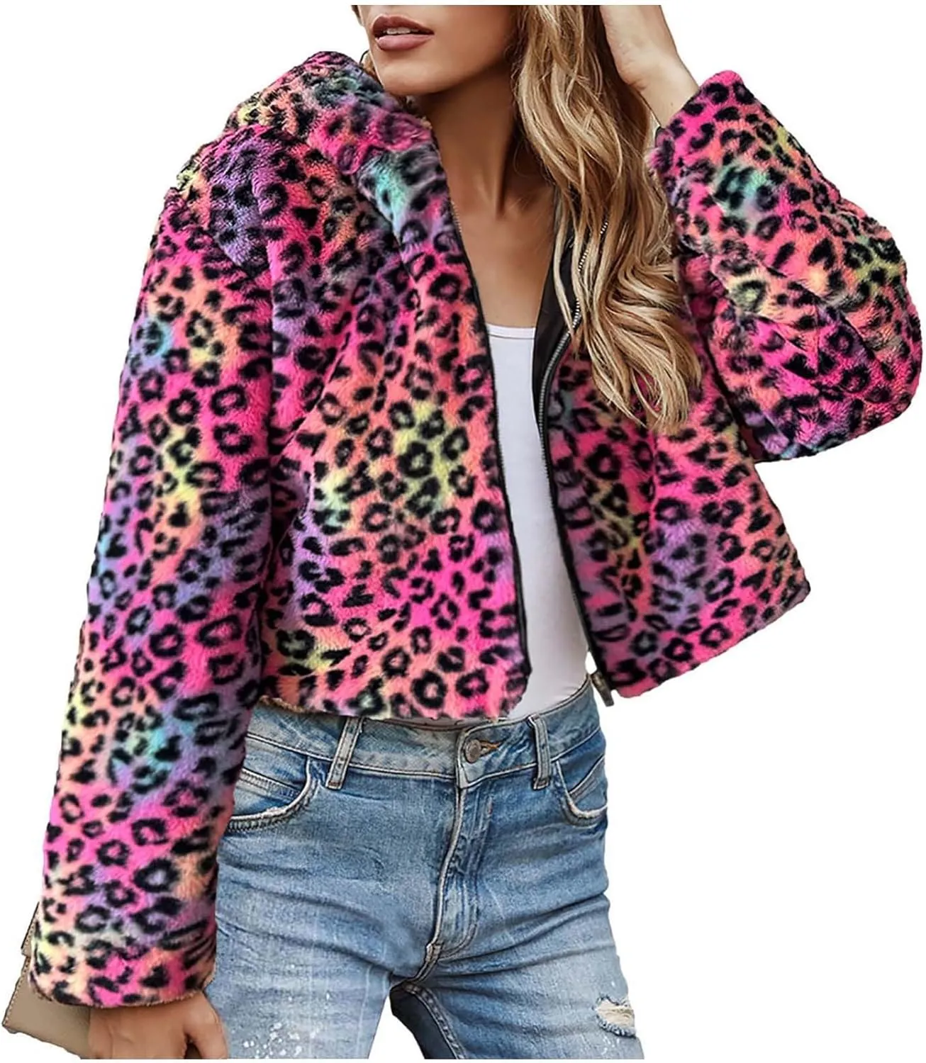 Womens Trendy Leopard Coats Warm Faux Furry Hooded Coat with Zipper Winter Jackets Short Cropped Cardigan Outerwear