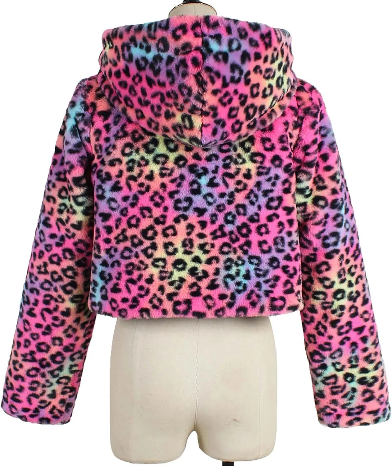Womens Trendy Leopard Coats Warm Faux Furry Hooded Coat with Zipper Winter Jackets Short Cropped Cardigan Outerwear