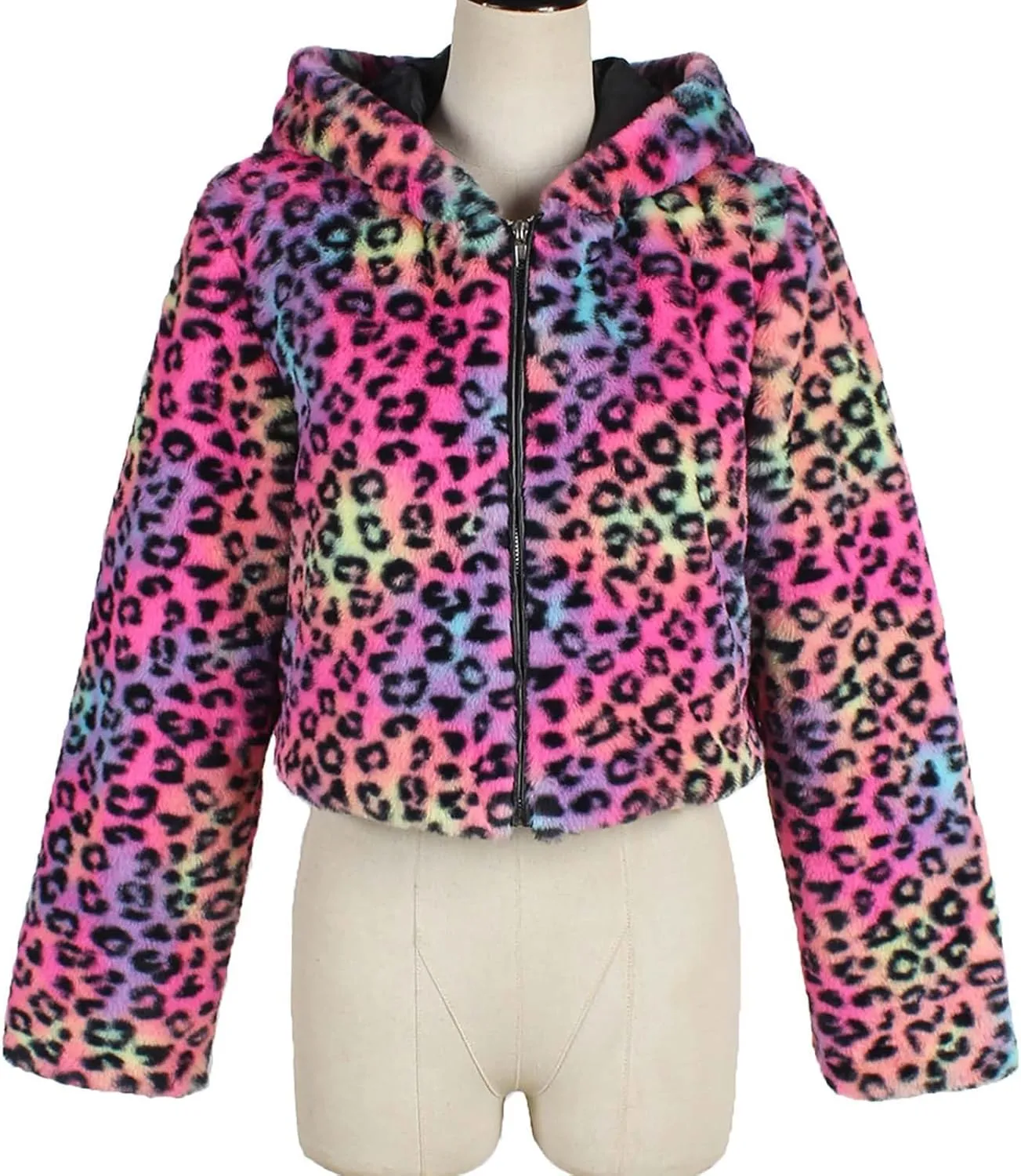Womens Trendy Leopard Coats Warm Faux Furry Hooded Coat with Zipper Winter Jackets Short Cropped Cardigan Outerwear