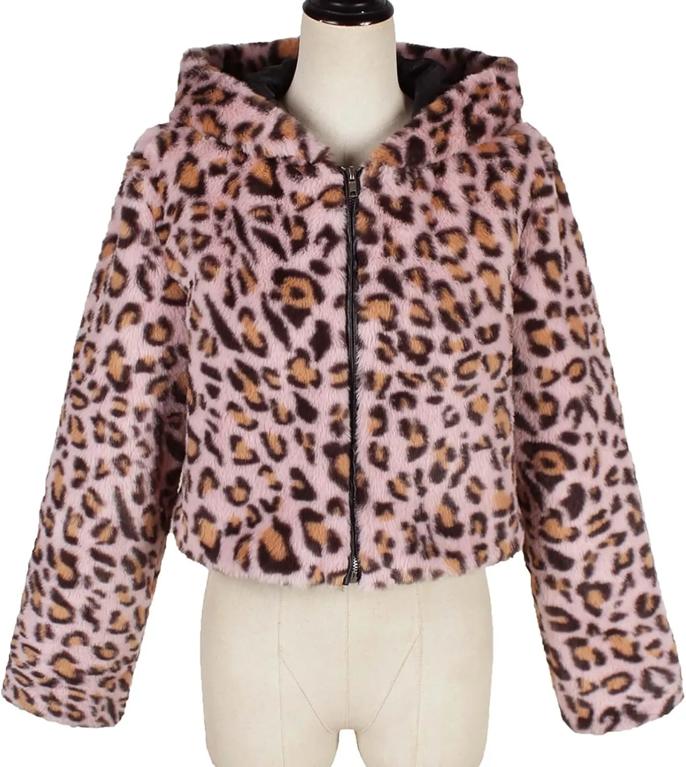 Womens Trendy Leopard Coats Warm Faux Furry Hooded Coat with Zipper Winter Jackets Short Cropped Cardigan Outerwear