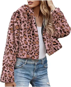 Womens Trendy Leopard Coats Warm Faux Furry Hooded Coat with Zipper Winter Jackets Short Cropped Cardigan Outerwear