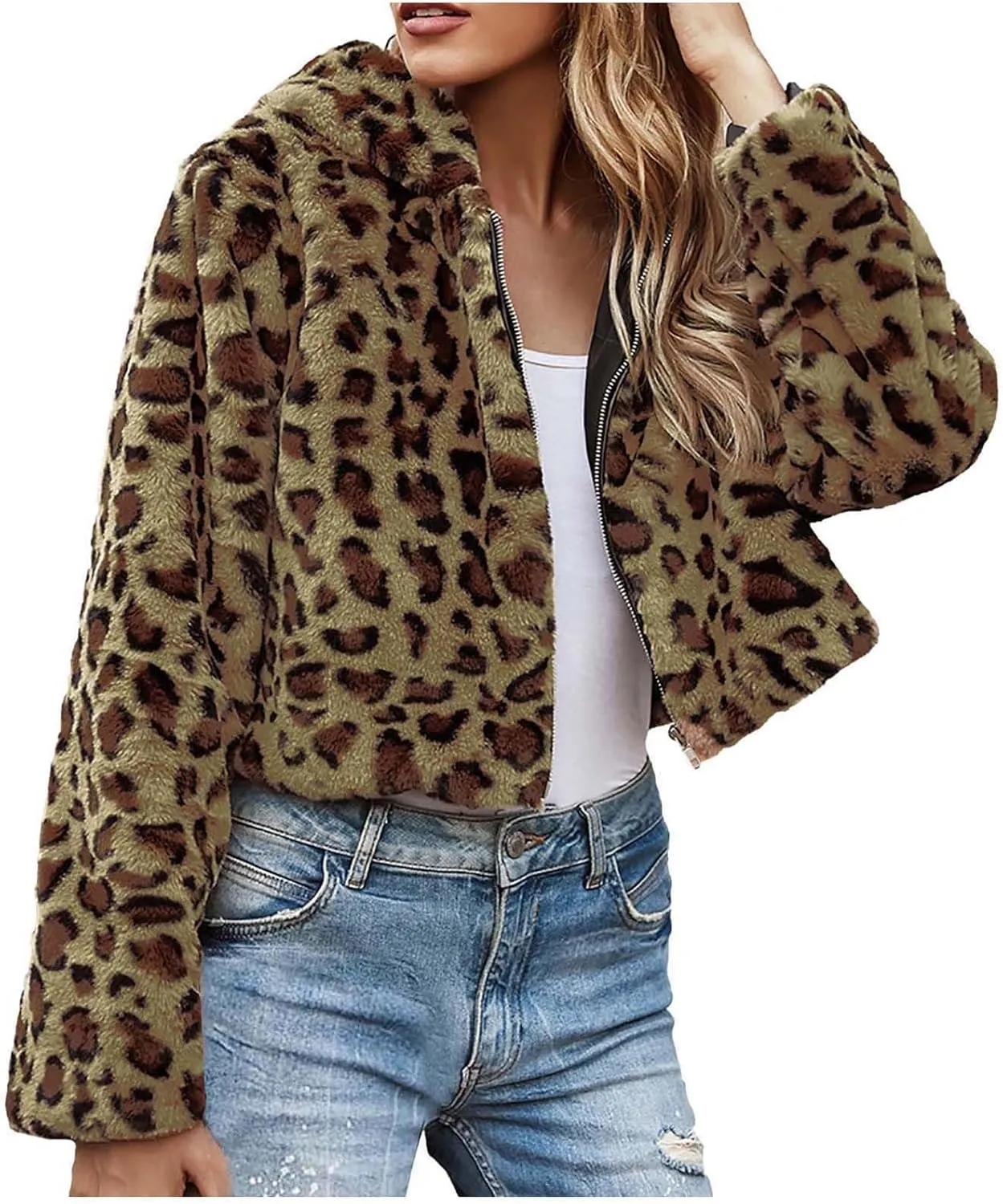 Womens Trendy Leopard Coats Warm Faux Furry Hooded Coat with Zipper Winter Jackets Short Cropped Cardigan Outerwear
