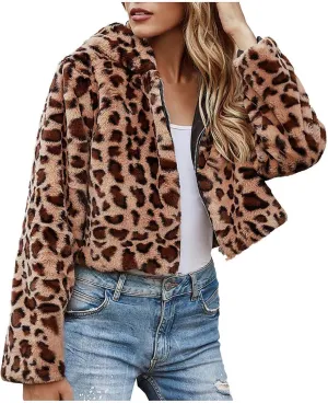 Womens Trendy Leopard Coats Warm Faux Furry Hooded Coat with Zipper Winter Jackets Short Cropped Cardigan Outerwear