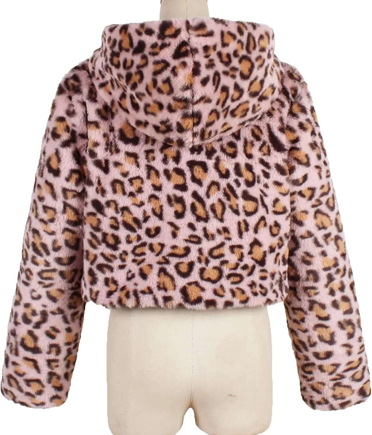 Womens Trendy Leopard Coats Warm Faux Furry Hooded Coat with Zipper Winter Jackets Short Cropped Cardigan Outerwear