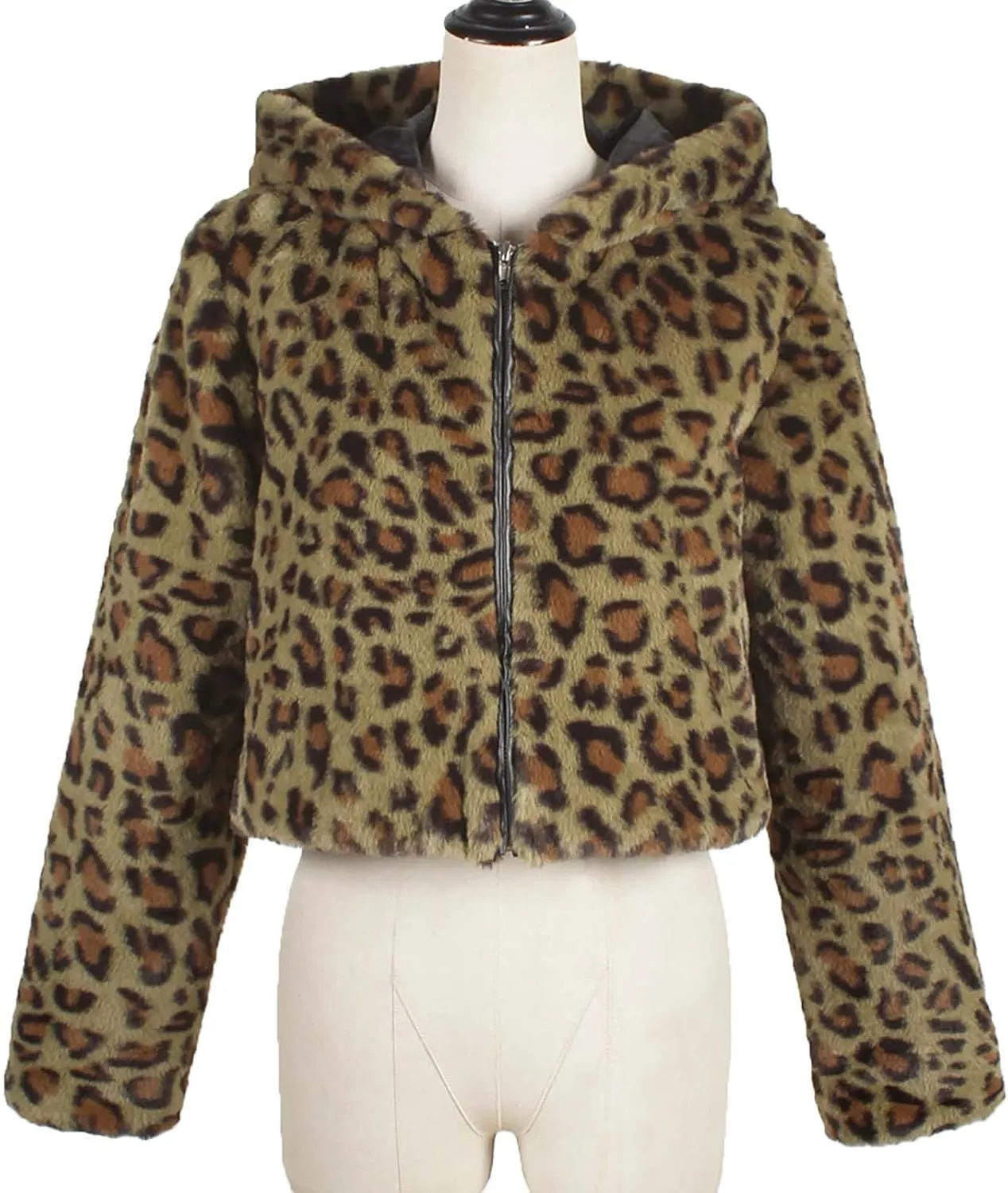 Womens Trendy Leopard Coats Warm Faux Furry Hooded Coat with Zipper Winter Jackets Short Cropped Cardigan Outerwear