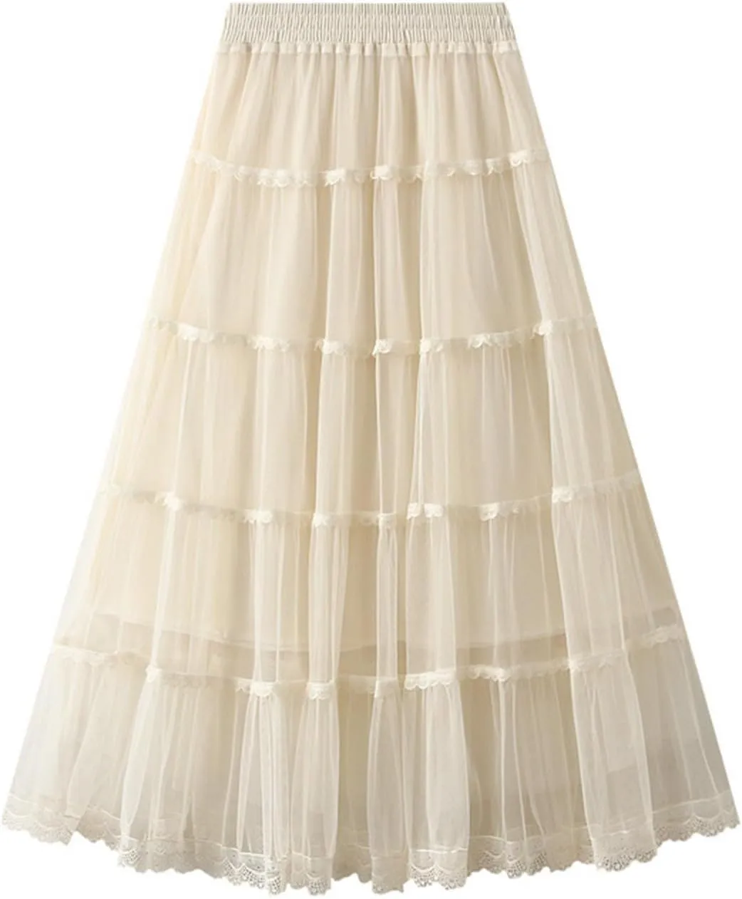 Women's Tulle Skirt Fairy Elastic Waist Layered A-Line Midi Ruffle Mesh Skirt Long Skirt
