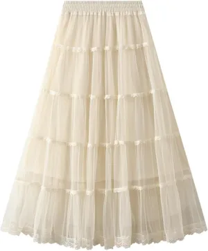 Women's Tulle Skirt Fairy Elastic Waist Layered A-Line Midi Ruffle Mesh Skirt Long Skirt