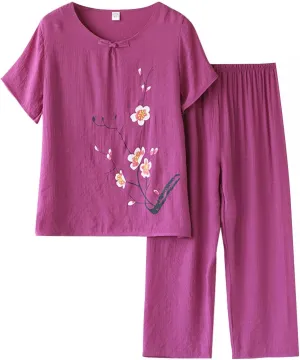 Women's Two Piece Outfits Women' Short Sleeved Summer Cardigan Top Female Loose Middle Soft Long Sleeve Sleepwear