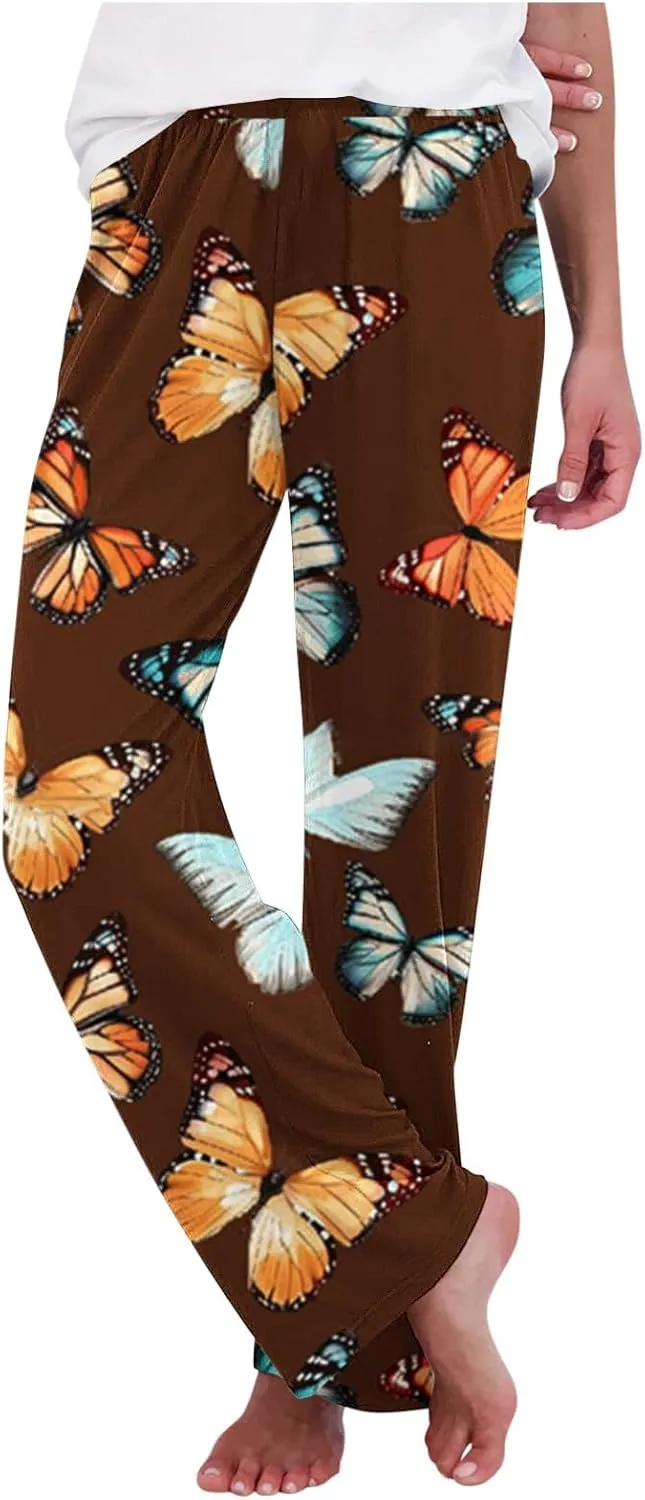 Womens Ultra-Soft Comfy Lounge Pants Butterfly Printed Elastic Waist Pajamas Bottoms Stretch Loose Sleepwear