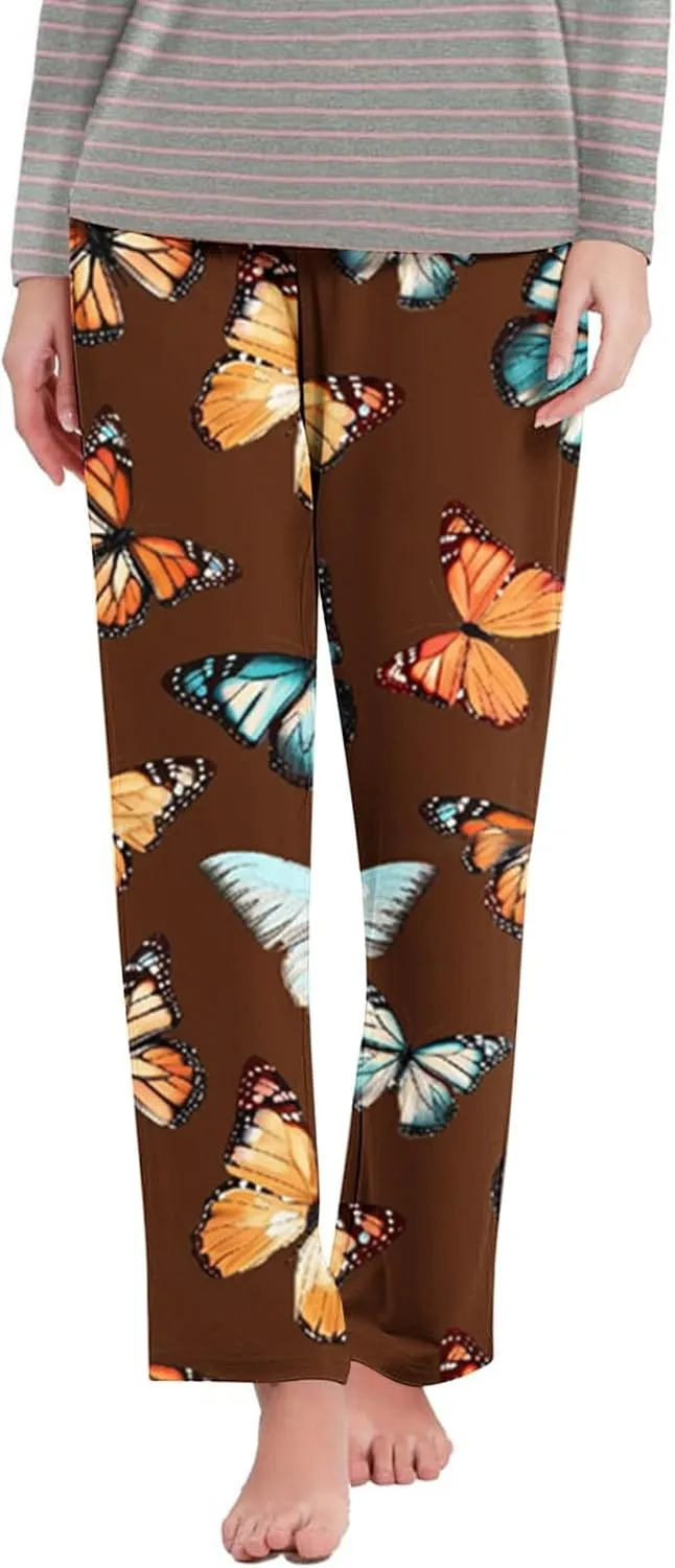 Womens Ultra-Soft Comfy Lounge Pants Butterfly Printed Elastic Waist Pajamas Bottoms Stretch Loose Sleepwear