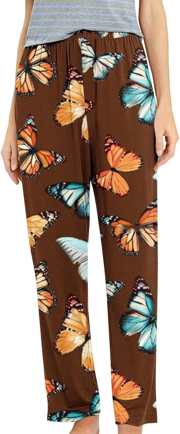 Womens Ultra-Soft Comfy Lounge Pants Butterfly Printed Elastic Waist Pajamas Bottoms Stretch Loose Sleepwear