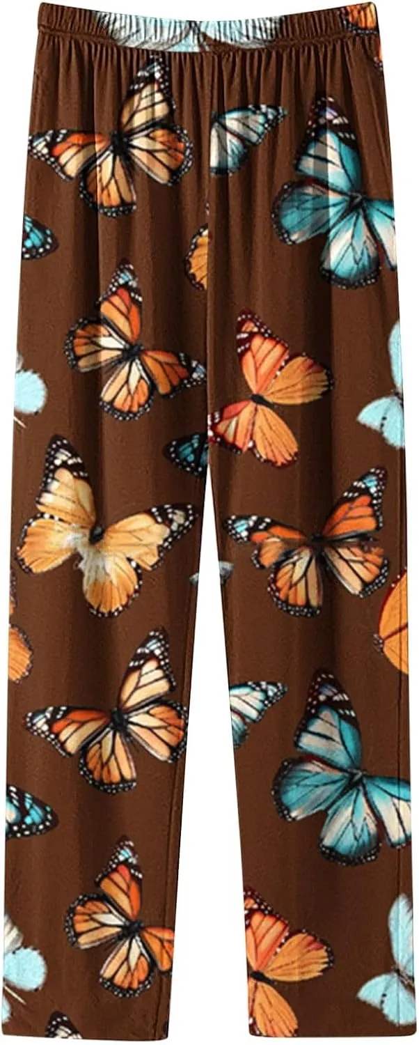 Womens Ultra-Soft Comfy Lounge Pants Butterfly Printed Elastic Waist Pajamas Bottoms Stretch Loose Sleepwear