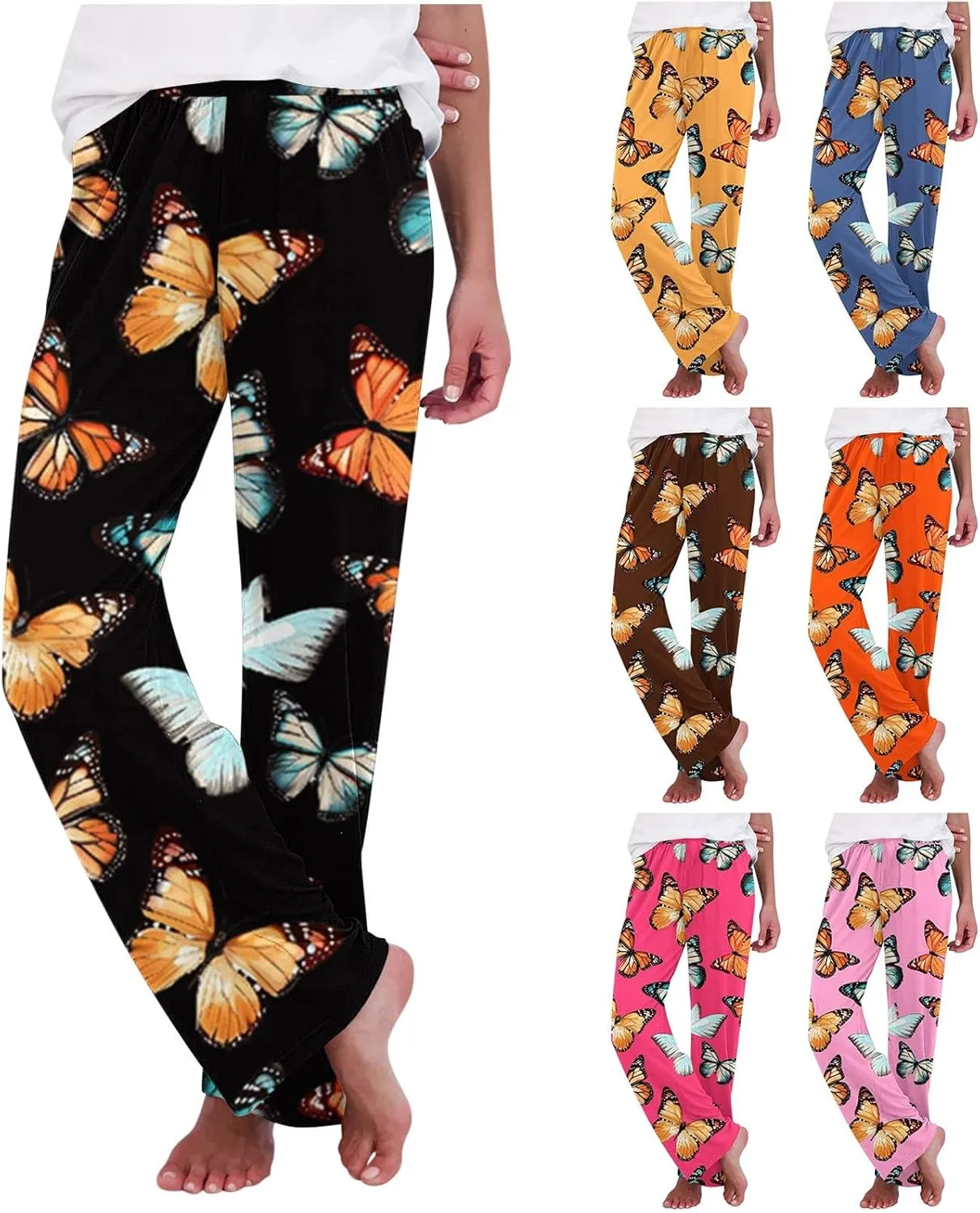Womens Ultra-Soft Comfy Lounge Pants Butterfly Printed Elastic Waist Pajamas Bottoms Stretch Loose Sleepwear