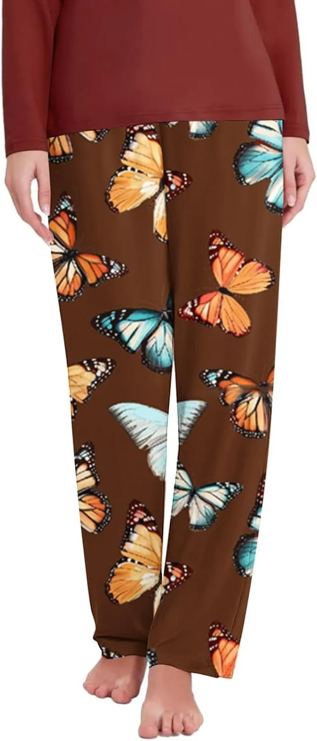 Womens Ultra-Soft Comfy Lounge Pants Butterfly Printed Elastic Waist Pajamas Bottoms Stretch Loose Sleepwear