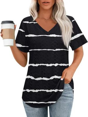 Womens V Neck Short Sleeve T Shirts 2025 Gradient Striped Print Casual Tops Loose Fit Basic Tees with Curved Hem