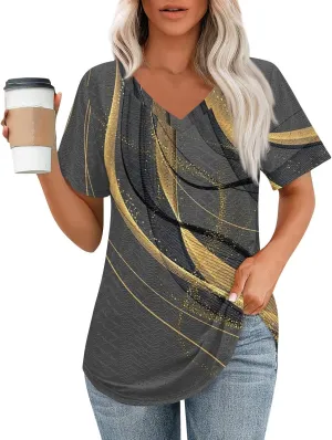 Womens V Neck Short Sleeve T Shirts 2025 Gradient Striped Print Casual Tops Loose Fit Basic Tees with Curved Hem