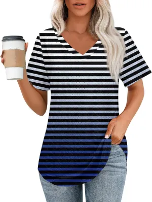 Womens V Neck Short Sleeve T Shirts 2025 Gradient Striped Print Casual Tops Loose Fit Basic Tees with Curved Hem