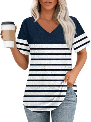 Womens V Neck Short Sleeve T Shirts 2025 Gradient Striped Print Casual Tops Loose Fit Basic Tees with Curved Hem