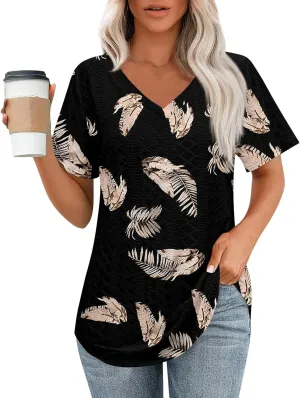 Womens V Neck Short Sleeve T Shirts 2025 Gradient Striped Print Casual Tops Loose Fit Basic Tees with Curved Hem