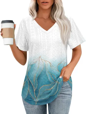 Womens V Neck Short Sleeve T Shirts 2025 Gradient Striped Print Casual Tops Loose Fit Basic Tees with Curved Hem