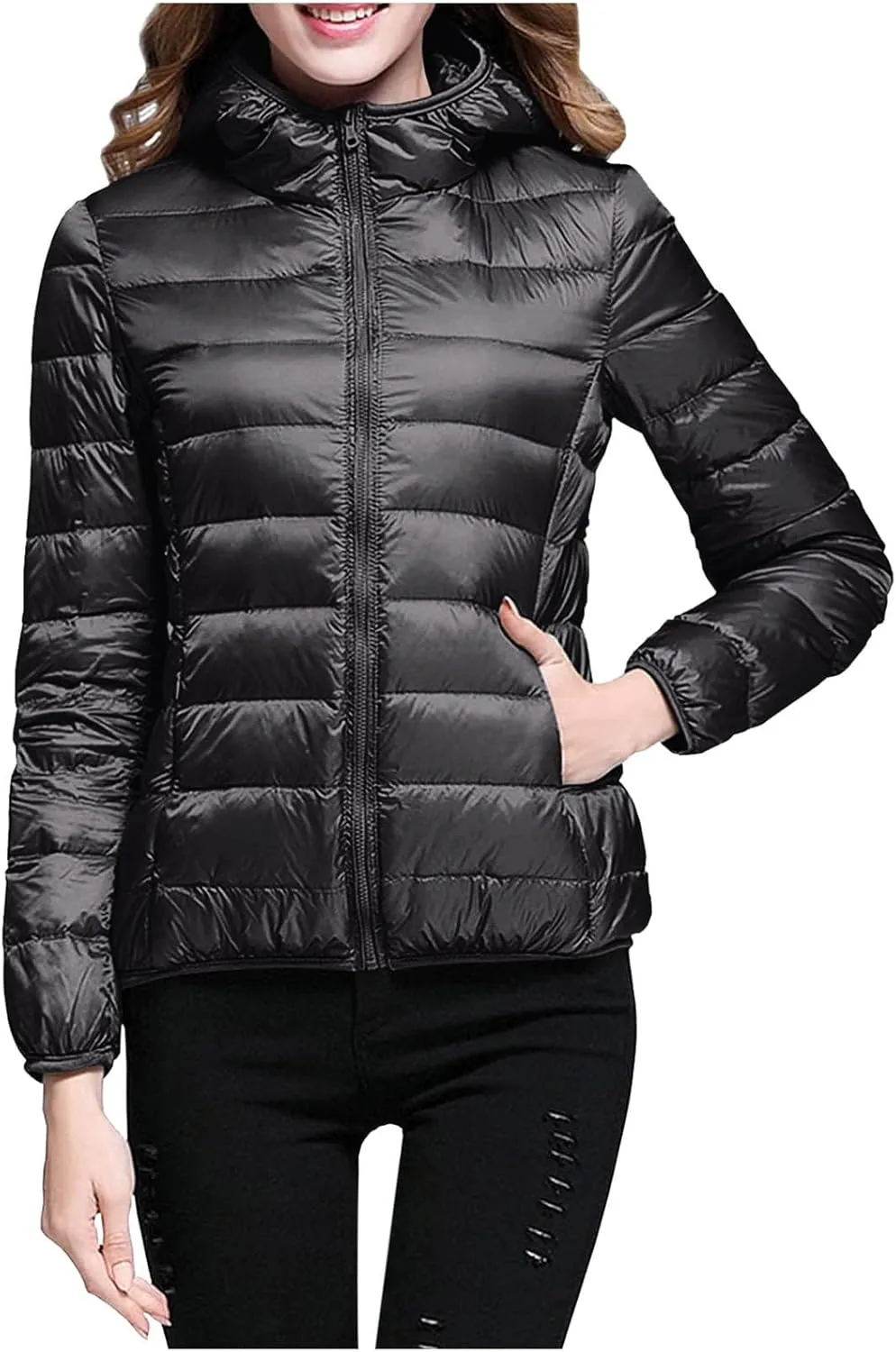 Womens Warm Lightweight Puffer Jacket 2024 Fashion Winter Coats Casual Full Zip Hooded Outwear 2024 Long Sleeve Coat
