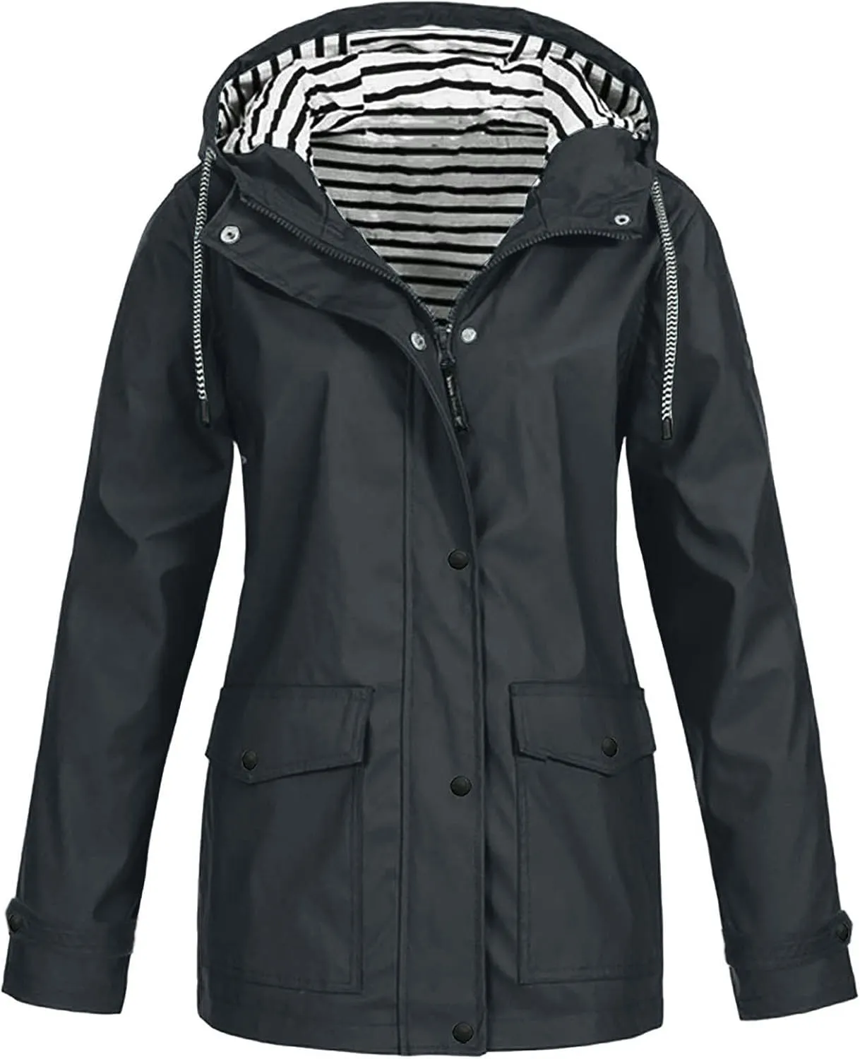 Womens Waterproof Lightweight Windbreaker Sports Rain Jacket Long Hooded Trench Coat Active Outdoor Rain Coat