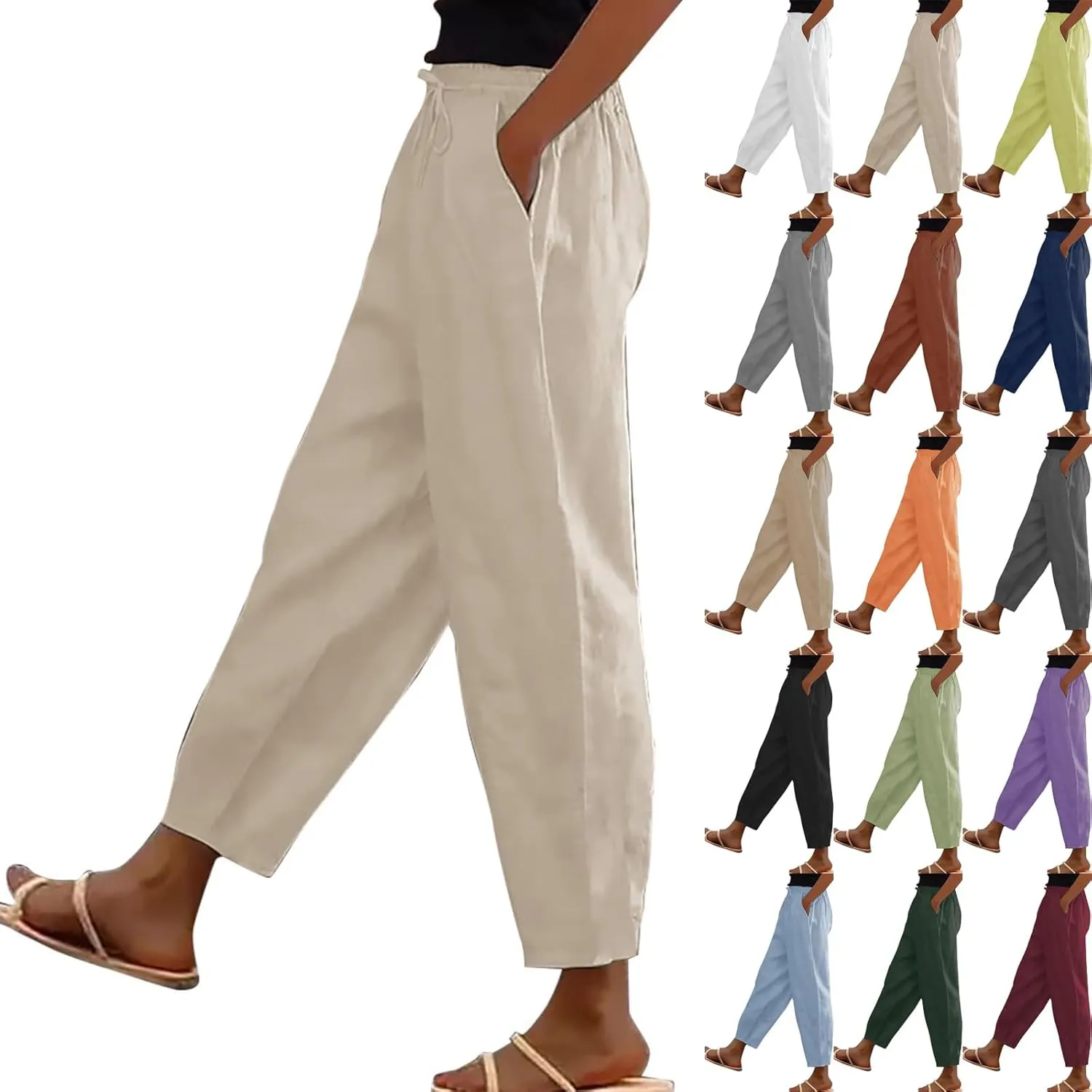 Womens Wide Leg Linen Pants Drawstring Elastic Waist Capri Pants Loose Summer Beach Pants Lounge Pants with Pockets