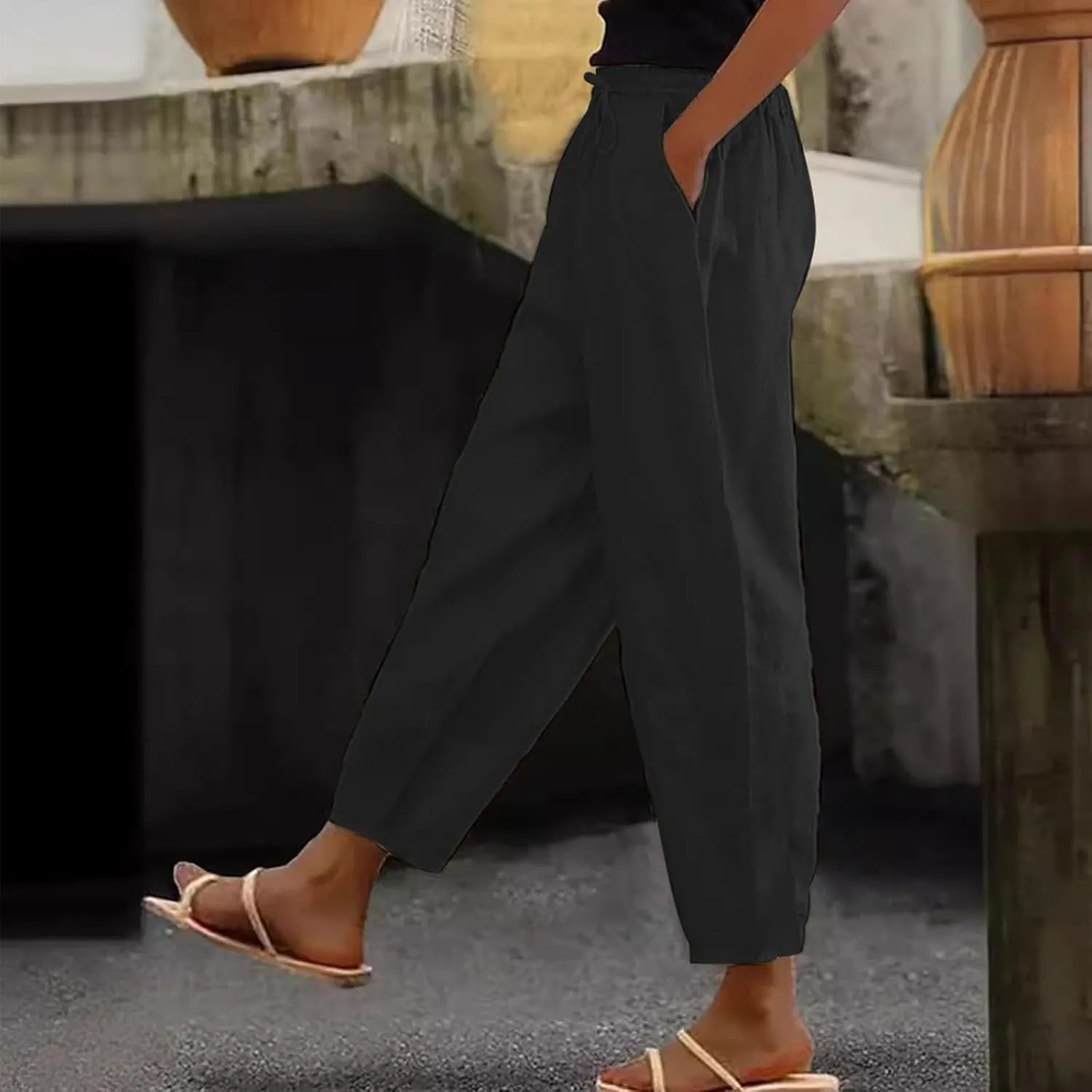 Womens Wide Leg Linen Pants Drawstring Elastic Waist Capri Pants Loose Summer Beach Pants Lounge Pants with Pockets