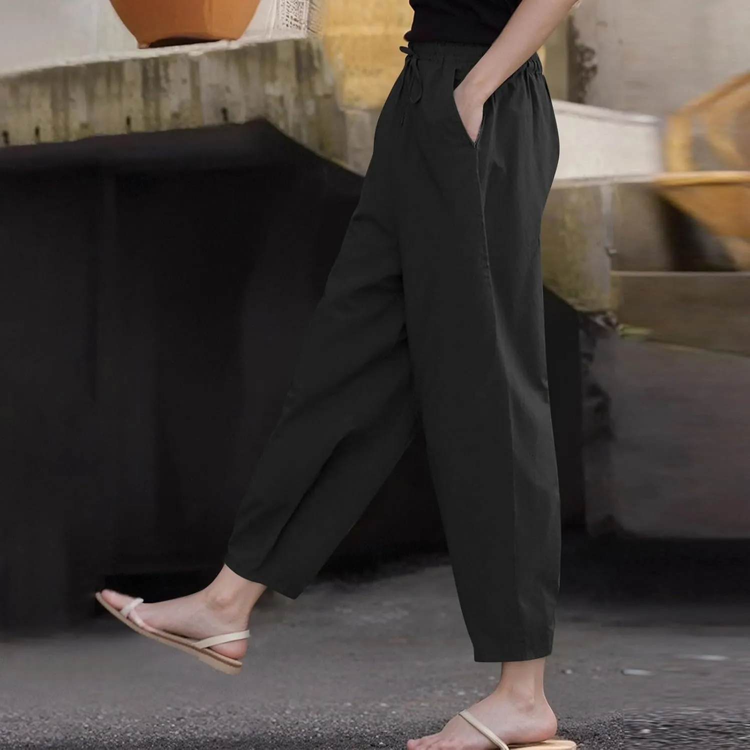 Womens Wide Leg Linen Pants Drawstring Elastic Waist Capri Pants Loose Summer Beach Pants Lounge Pants with Pockets