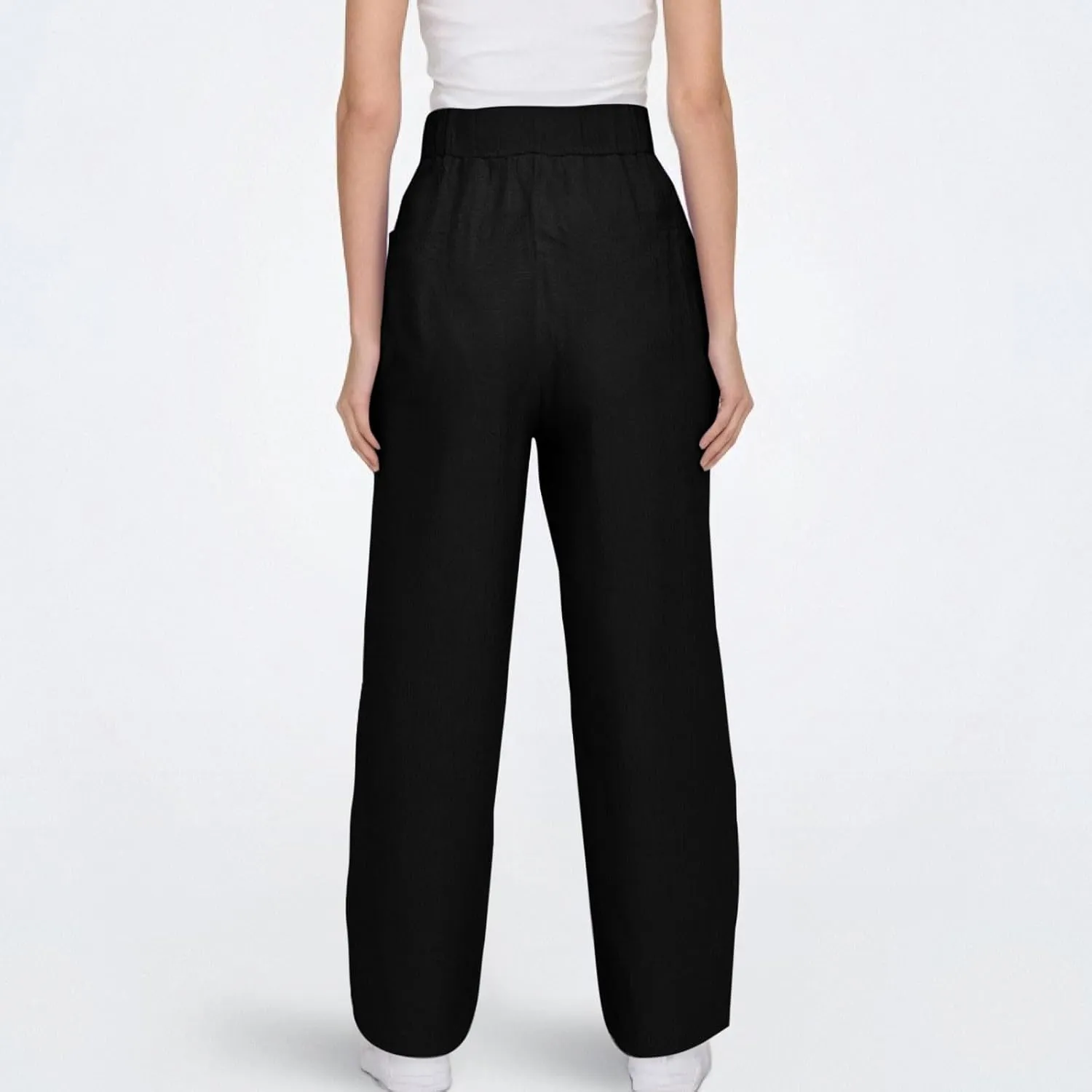 Womens Wide Leg Linen Pants Drawstring Elastic Waist Capri Pants Loose Summer Beach Pants Lounge Pants with Pockets