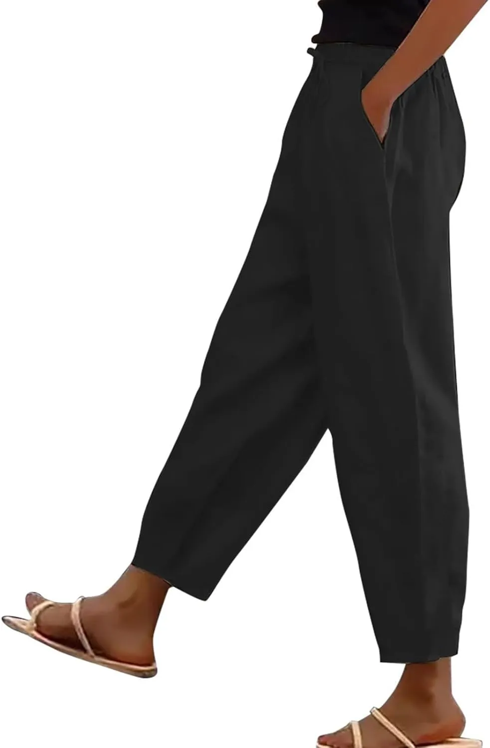 Womens Wide Leg Linen Pants Drawstring Elastic Waist Capri Pants Loose Summer Beach Pants Lounge Pants with Pockets