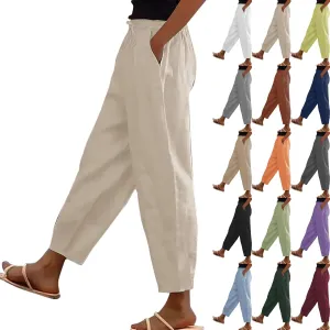 Womens Wide Leg Linen Pants Drawstring Elastic Waist Capri Pants Loose Summer Beach Pants Lounge Pants with Pockets