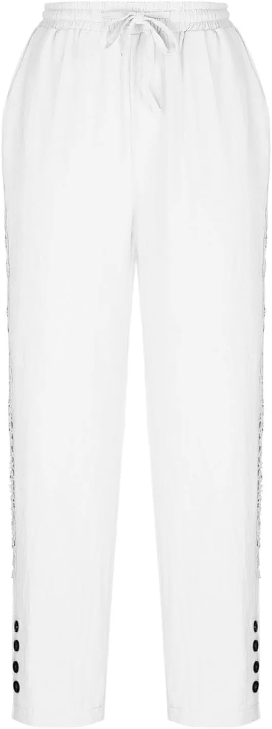 Womens Wide Leg Lounge Pants Cotton Solid Color Drawstring Waist Pants High Rise Drawstring Pants Trendy Capri Pants