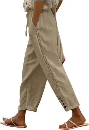 Womens Wide Leg Lounge Pants Cotton Solid Color Drawstring Waist Pants High Rise Drawstring Pants Trendy Capri Pants