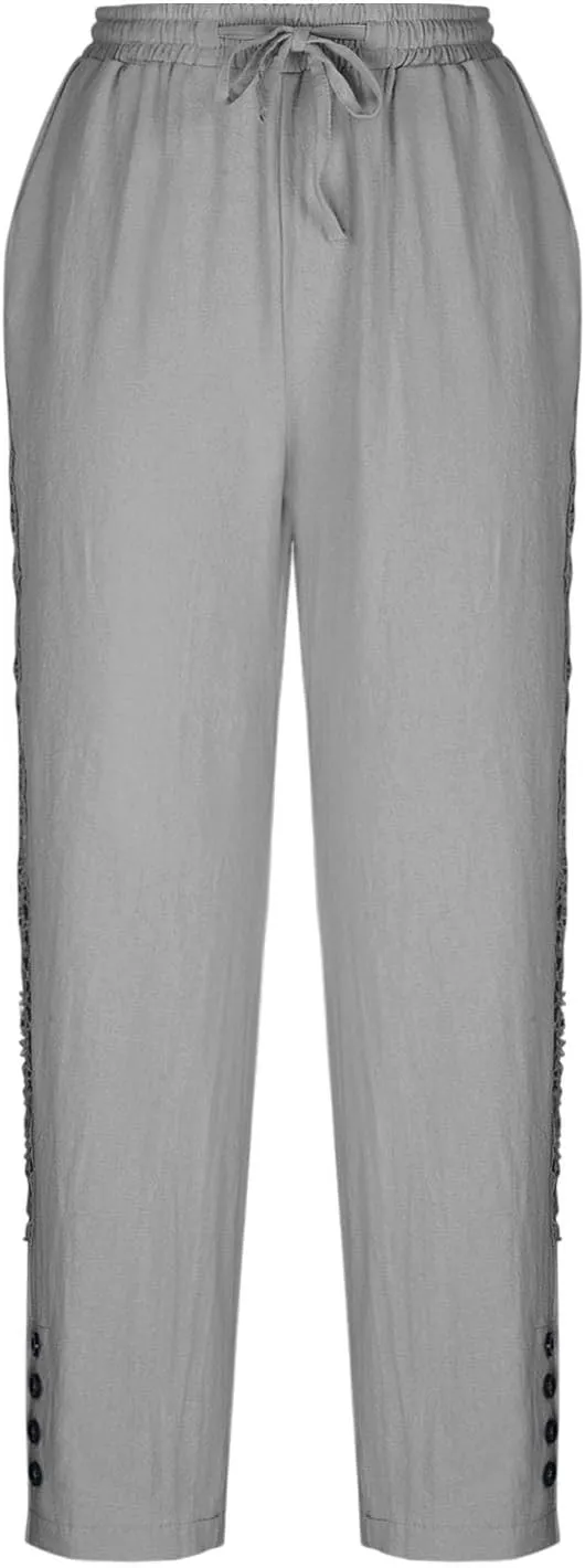 Womens Wide Leg Lounge Pants Cotton Solid Color Drawstring Waist Pants High Rise Drawstring Pants Trendy Capri Pants