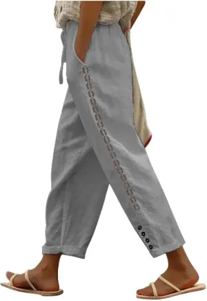 Womens Wide Leg Lounge Pants Cotton Solid Color Drawstring Waist Pants High Rise Drawstring Pants Trendy Capri Pants