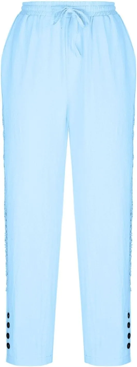 Womens Wide Leg Lounge Pants Cotton Solid Color Drawstring Waist Pants High Rise Drawstring Pants Trendy Capri Pants