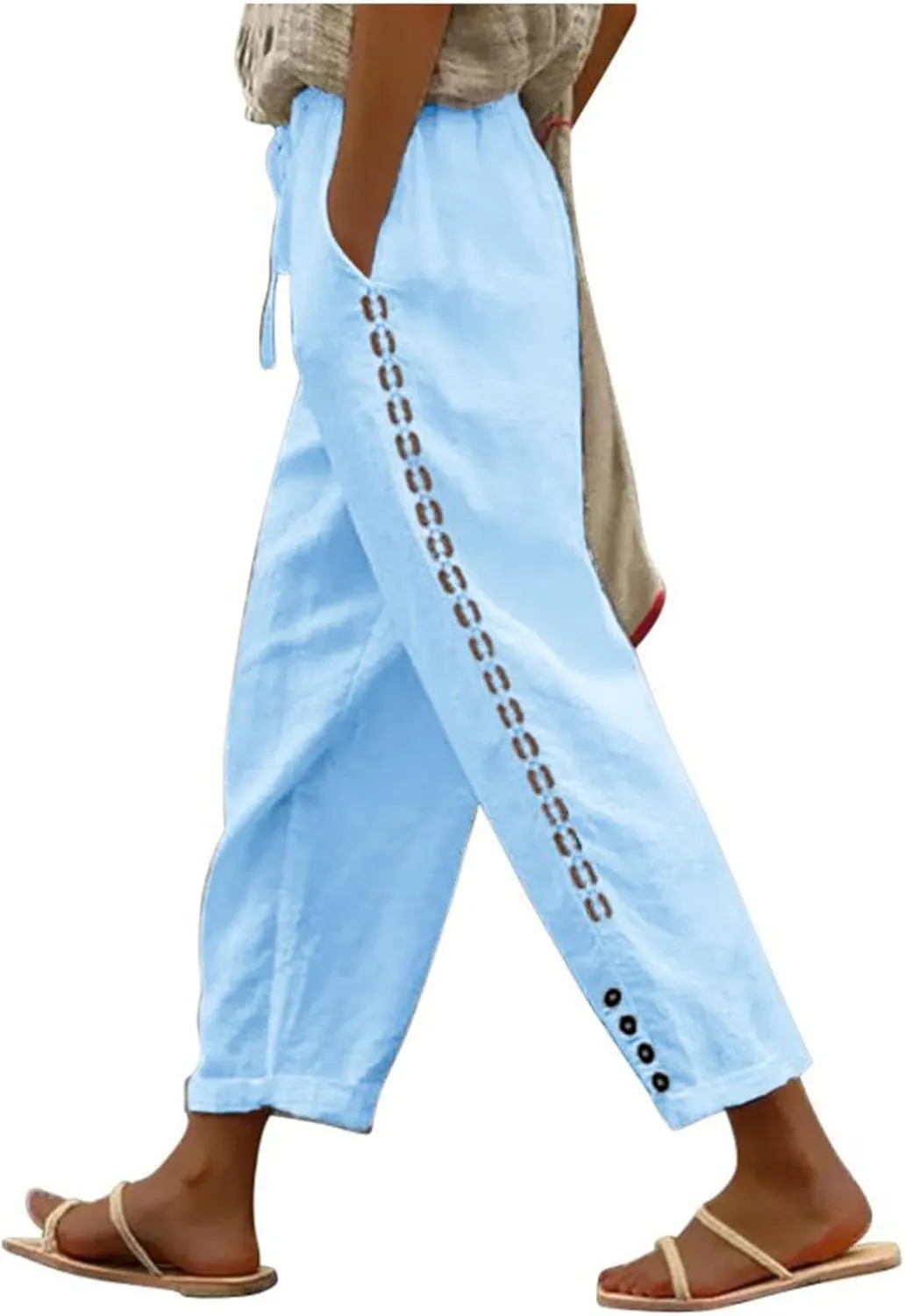 Womens Wide Leg Lounge Pants Cotton Solid Color Drawstring Waist Pants High Rise Drawstring Pants Trendy Capri Pants