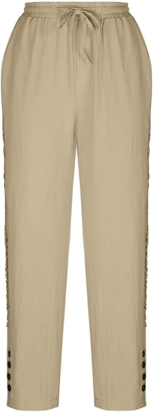 Womens Wide Leg Lounge Pants Cotton Solid Color Drawstring Waist Pants High Rise Drawstring Pants Trendy Capri Pants