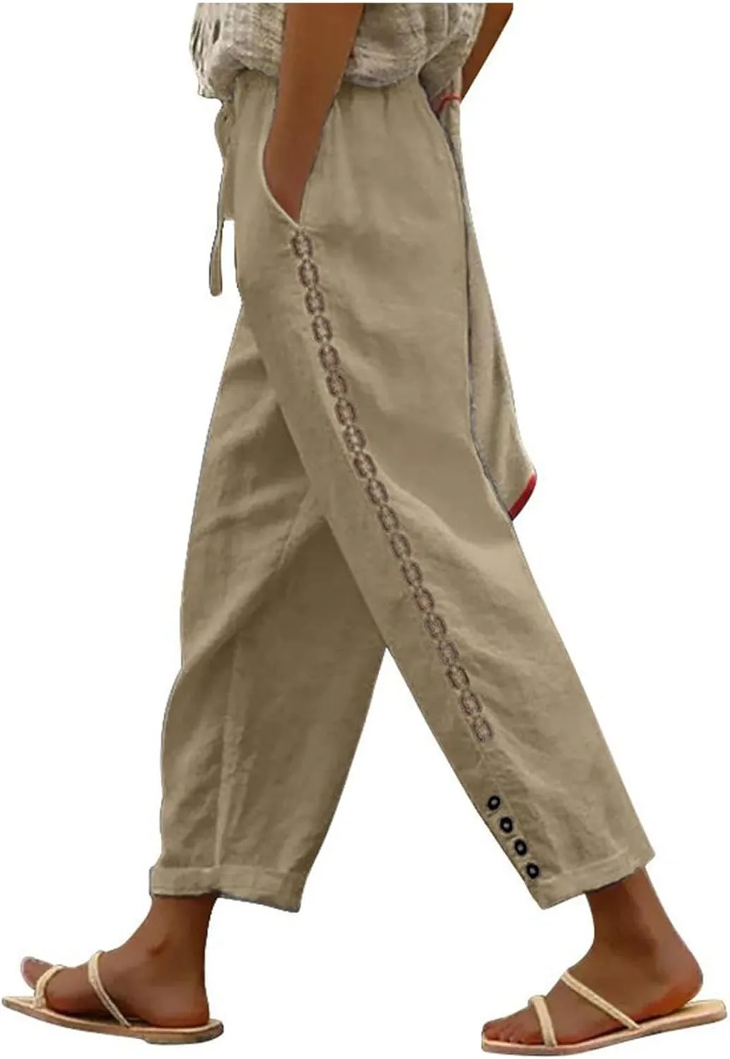 Womens Wide Leg Lounge Pants Cotton Solid Color Drawstring Waist Pants High Rise Drawstring Pants Trendy Capri Pants