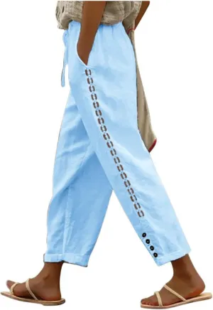 Womens Wide Leg Lounge Pants Cotton Solid Color Drawstring Waist Pants High Rise Drawstring Pants Trendy Capri Pants