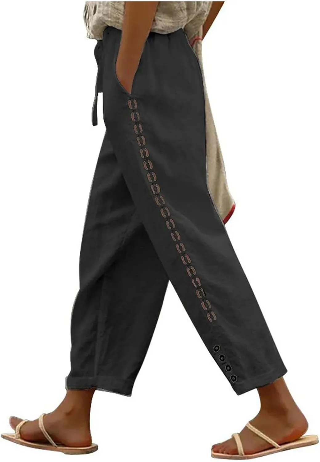 Womens Wide Leg Lounge Pants Cotton Solid Color Drawstring Waist Pants High Rise Drawstring Pants Trendy Capri Pants