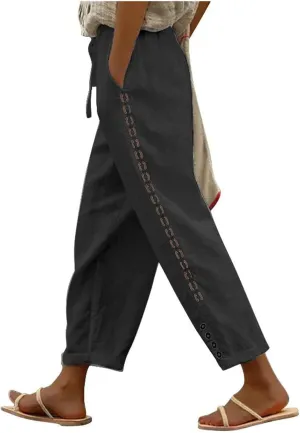 Womens Wide Leg Lounge Pants Cotton Solid Color Drawstring Waist Pants High Rise Drawstring Pants Trendy Capri Pants
